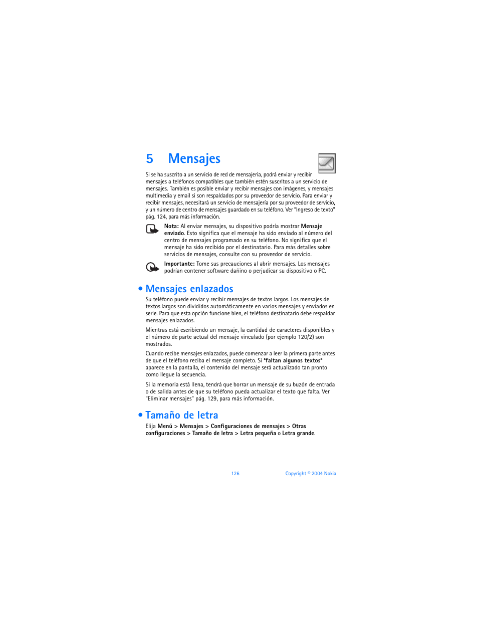 5 mensajes, Mensajes enlazados, Tamaño de letra | Mensajes, Mensajes enlazados tamaño de letra, 5mensajes | Nokia 6170 User Manual | Page 127 / 209