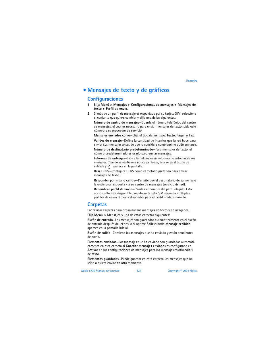 Mensajes de texto y de gráficos, R “configuraciones” pág. 127, Configuraciones | Carpetas | Nokia 6170 User Manual | Page 128 / 209