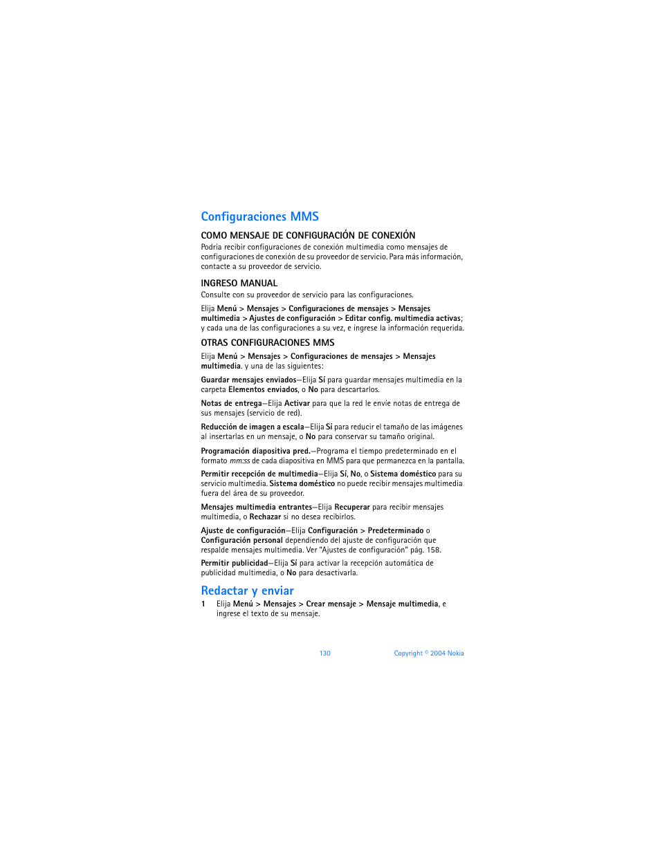 Configuraciones mms, Redactar y enviar | Nokia 6170 User Manual | Page 131 / 209