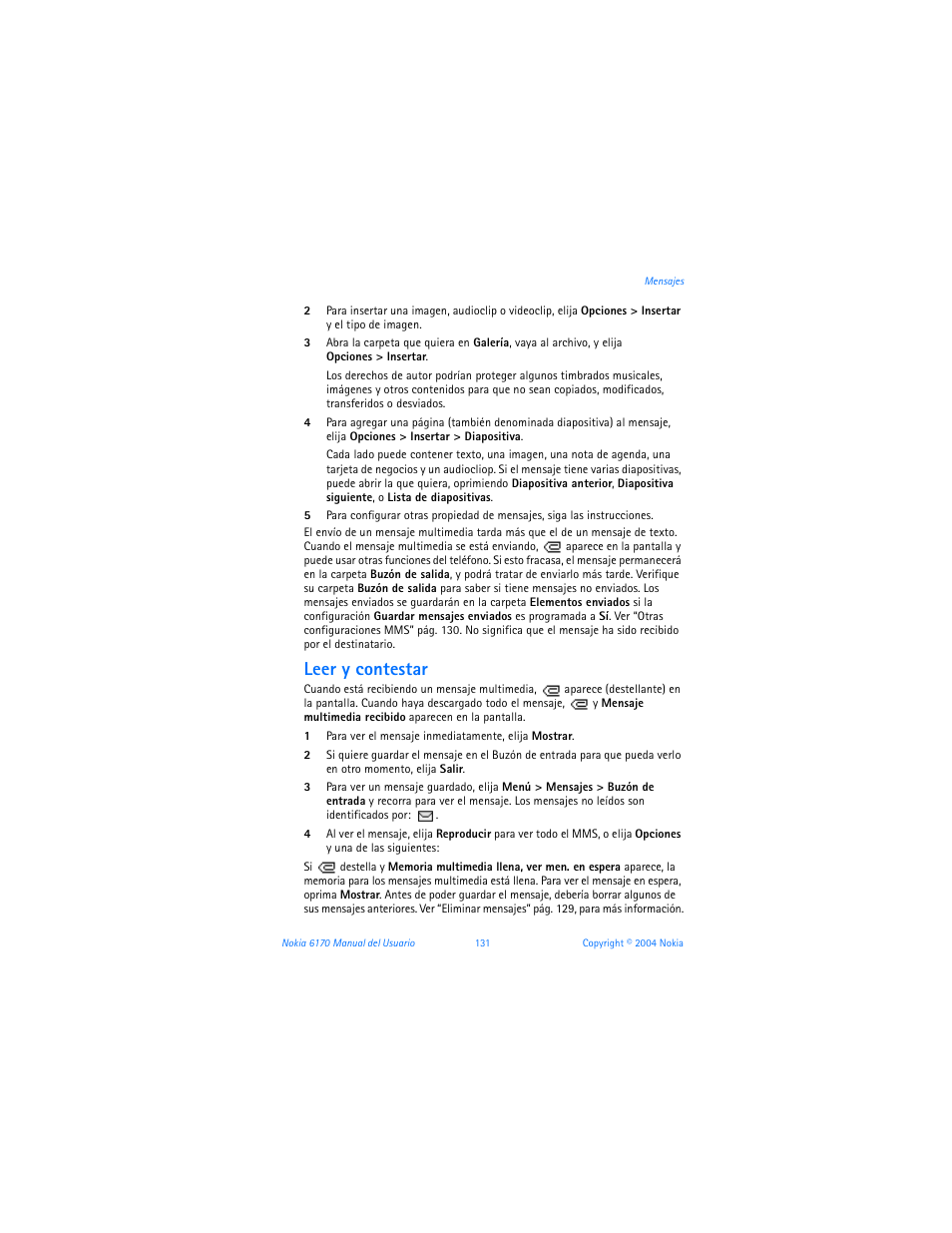 Leer y contestar” pág. 131, Leer y contestar | Nokia 6170 User Manual | Page 132 / 209