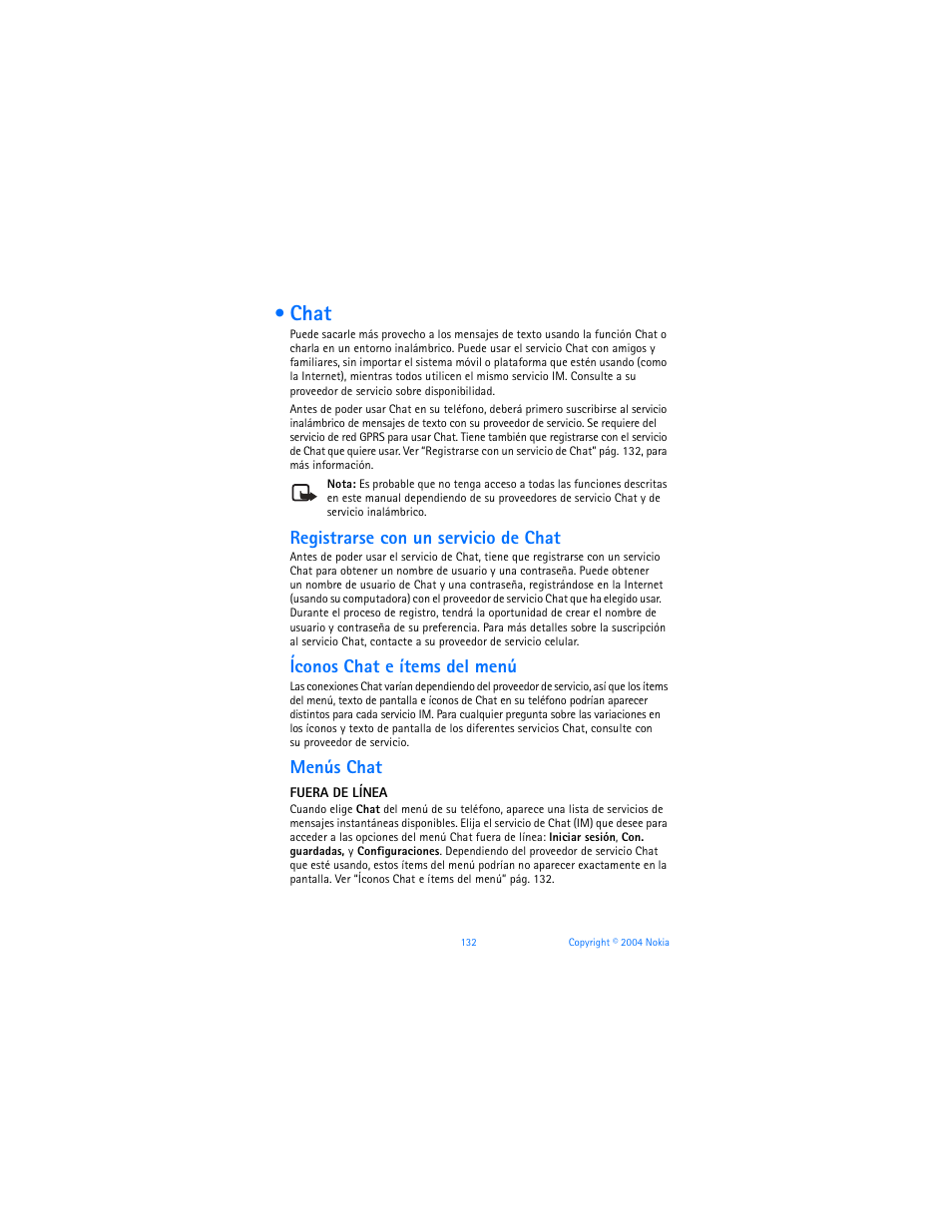 Chat, Ver “chat” pág. 132, Registrarse con un servicio de chat | Íconos chat e ítems del menú, Menús chat | Nokia 6170 User Manual | Page 133 / 209