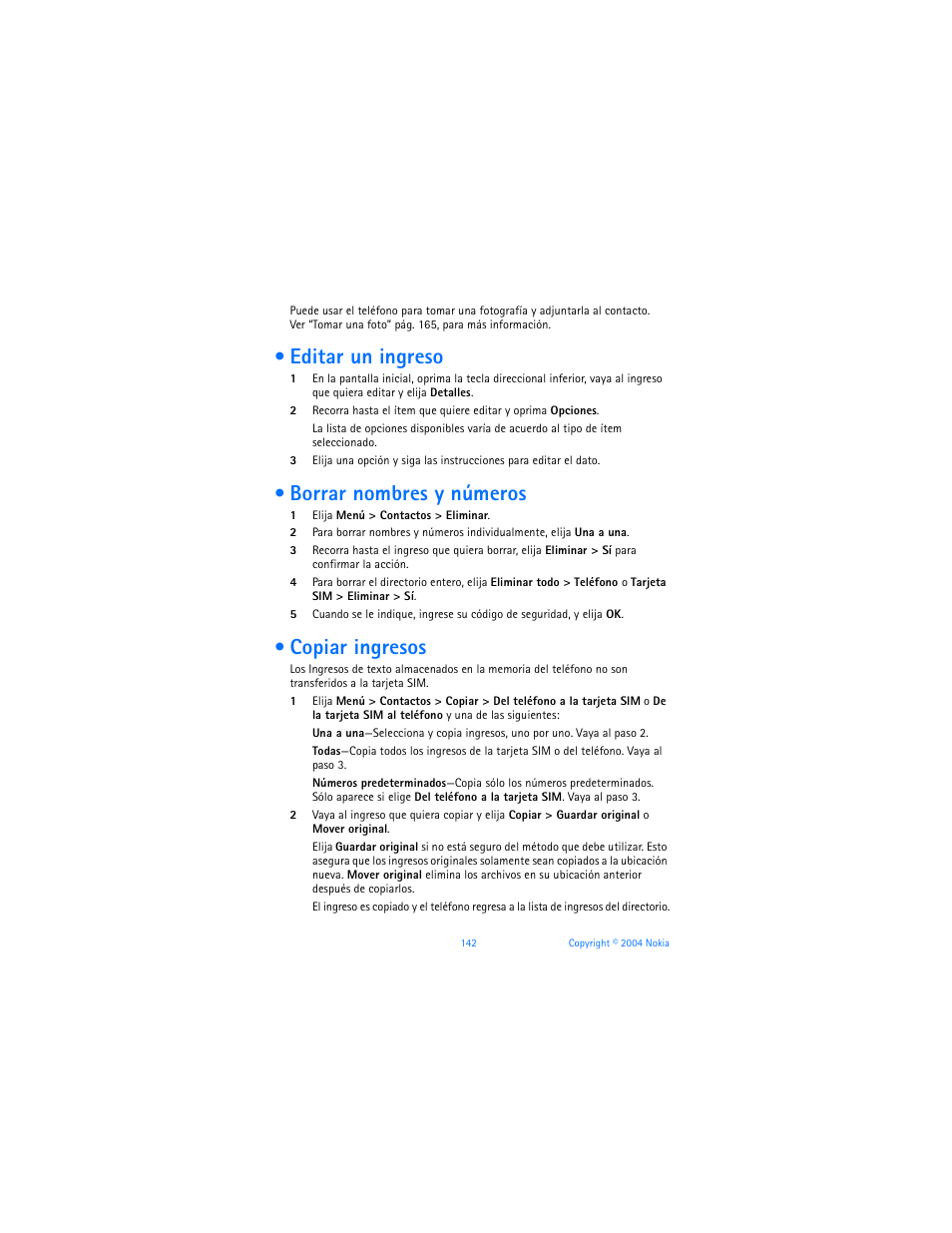 Editar un ingreso, Borrar nombres y números, Copiar ingresos | Nokia 6170 User Manual | Page 143 / 209