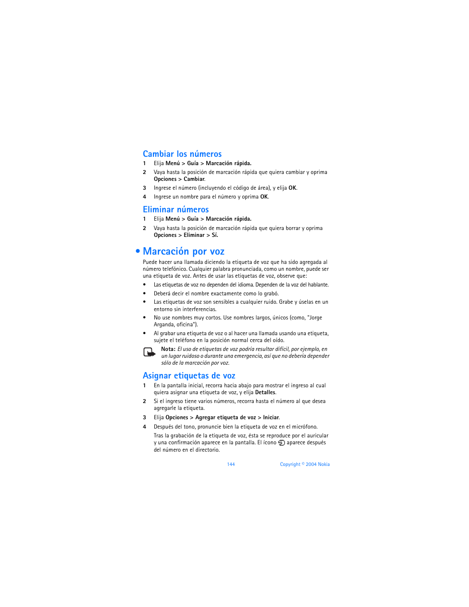 Marcación por voz, Cambiar los números, Eliminar números | Asignar etiquetas de voz | Nokia 6170 User Manual | Page 145 / 209