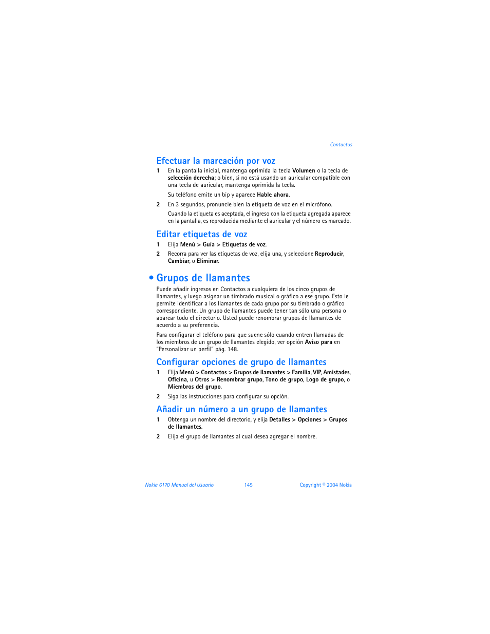 Grupos de llamantes, Efectuar la marcación por voz, Editar etiquetas de voz | Configurar opciones de grupo de llamantes, Añadir un número a un grupo de llamantes | Nokia 6170 User Manual | Page 146 / 209