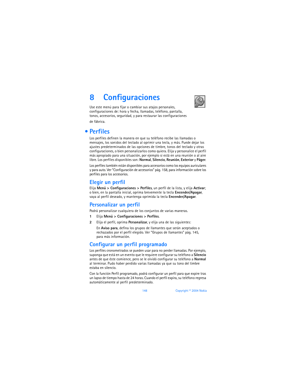 8 configuraciones, Perfiles, Configuraciones | R “personalizar un perfil” pág. 148, R “perfiles” pág. 148, 8configuraciones | Nokia 6170 User Manual | Page 149 / 209