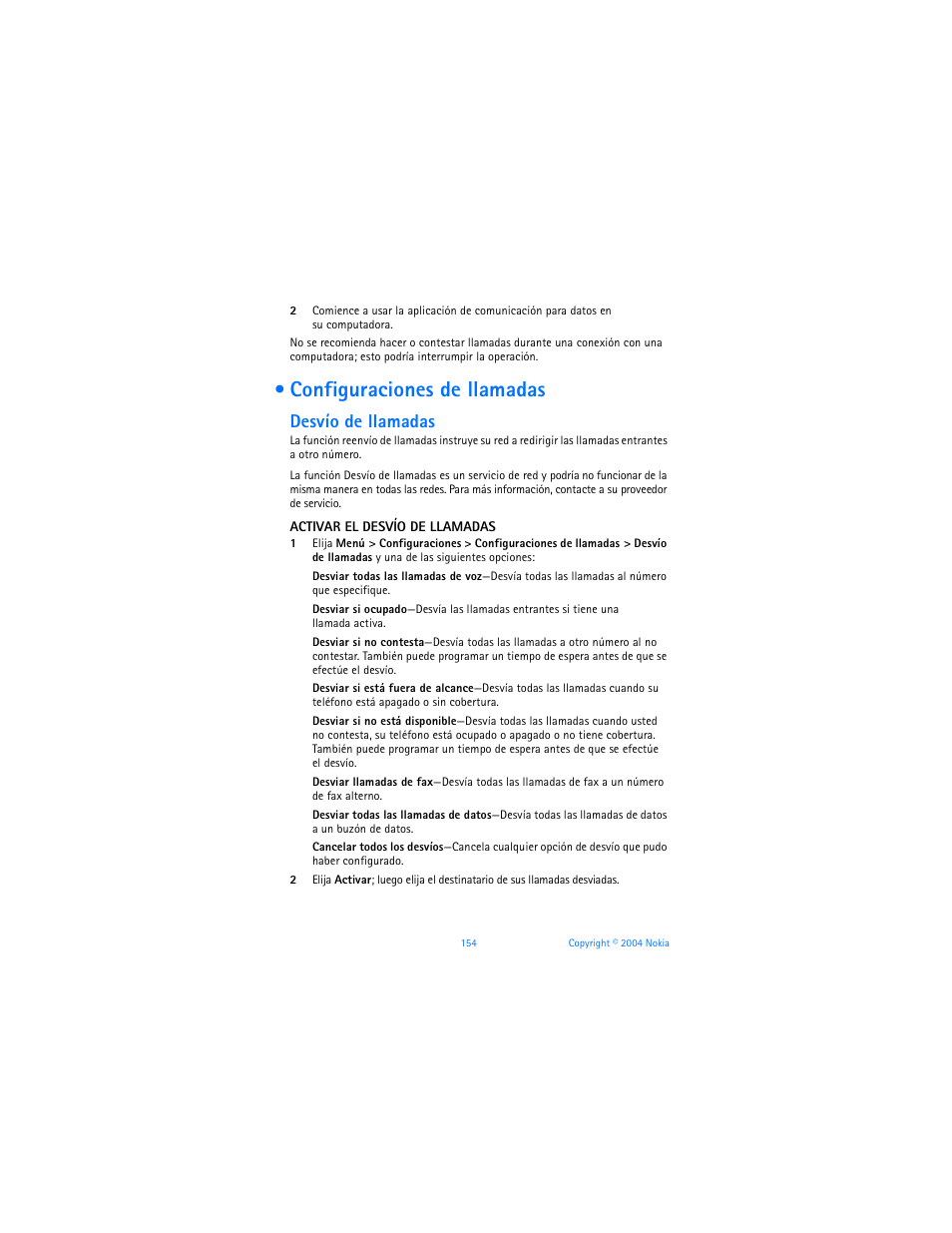 Configuraciones de llamadas, Desvío de llamadas | Nokia 6170 User Manual | Page 155 / 209