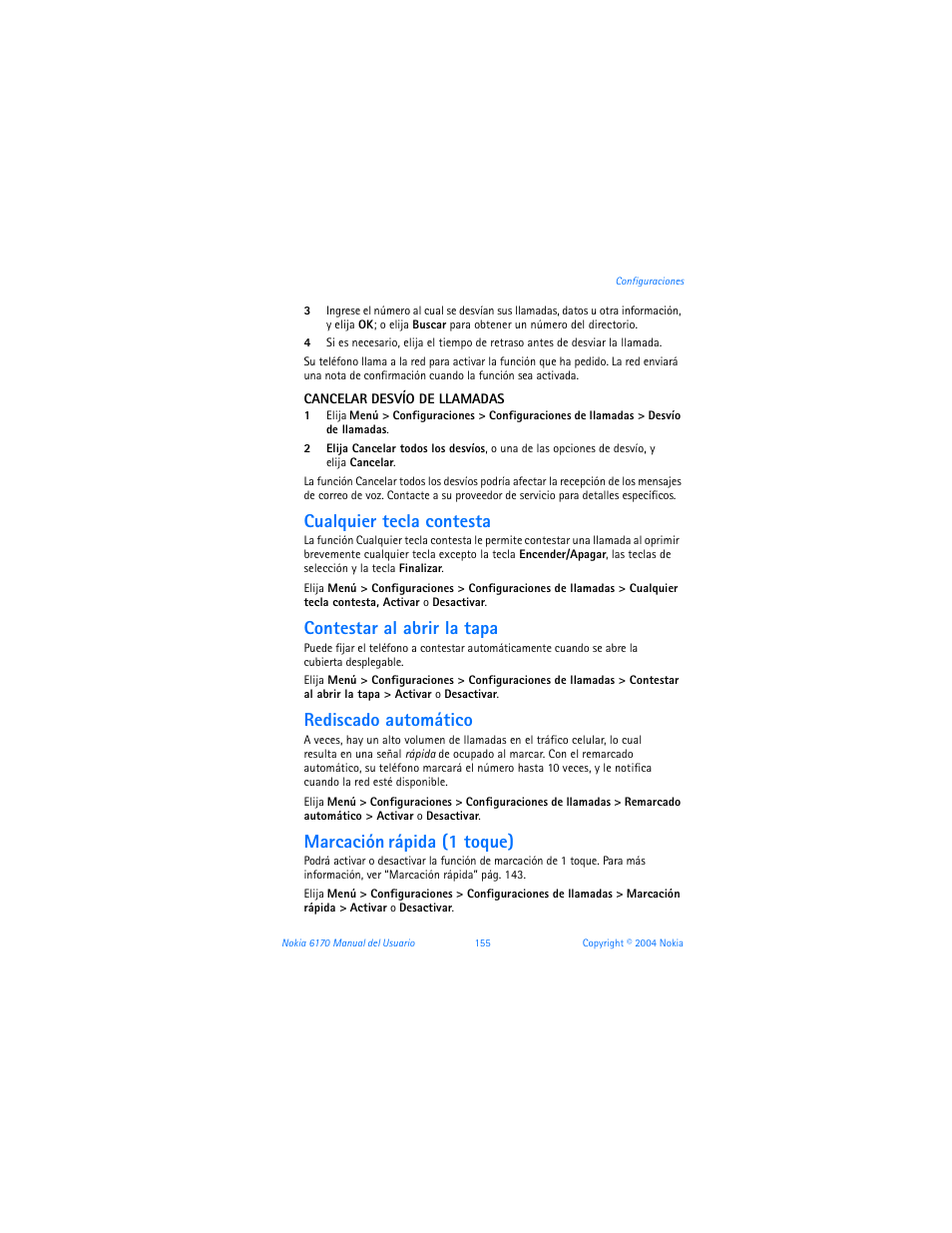 Cualquier tecla contesta, Contestar al abrir la tapa, Rediscado automático | Marcación, Rápida (1 toque) | Nokia 6170 User Manual | Page 156 / 209