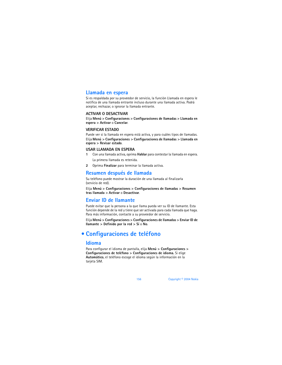 Configuraciones de teléfono, R “configuraciones de teléfono” pág. 156, Llamada en espera | Resumen después de llamada, Enviar id de llamante, Idioma | Nokia 6170 User Manual | Page 157 / 209