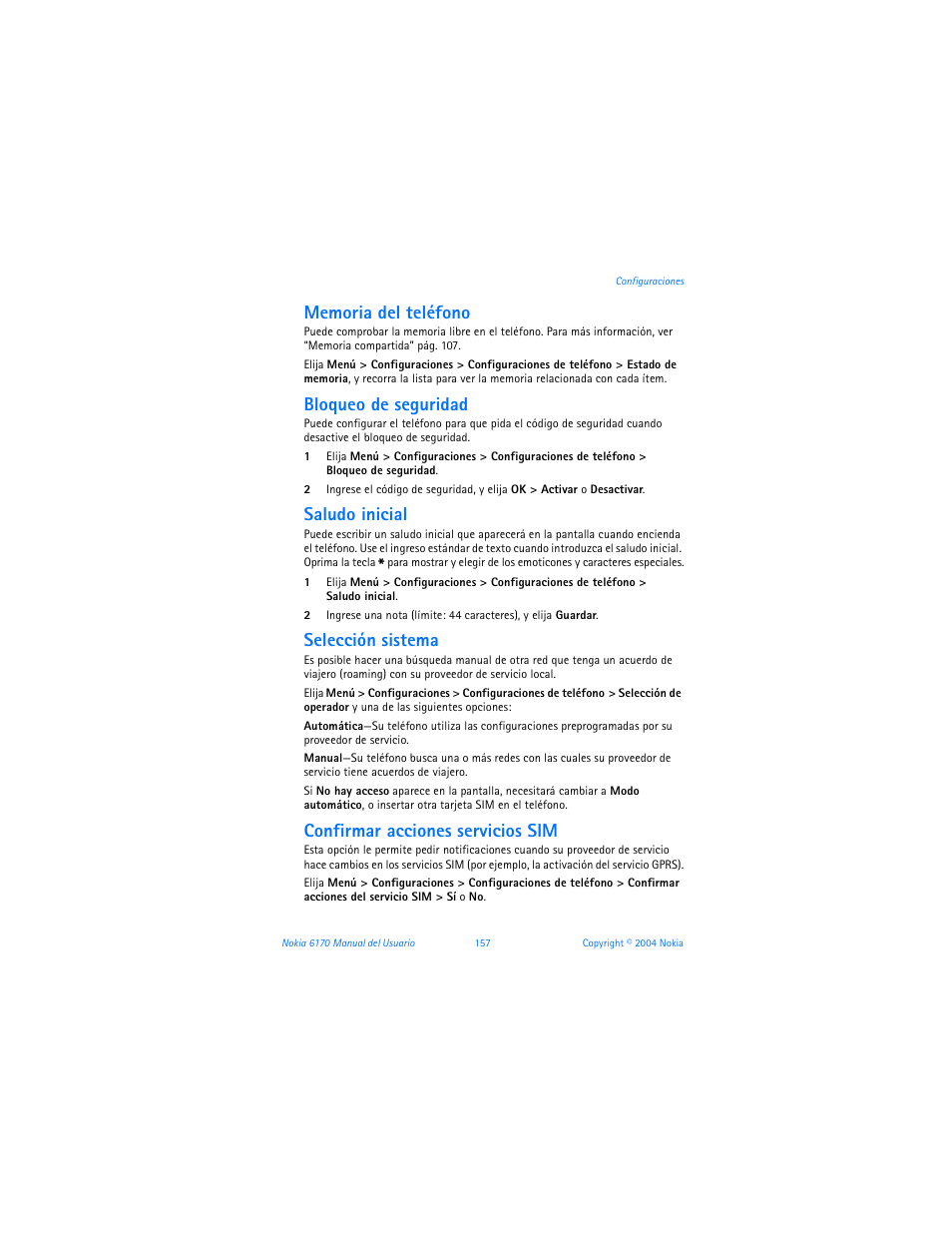 Bloqueo de seguridad, Saludo inicial, Selección sistema | Confirmar acciones servicios sim | Nokia 6170 User Manual | Page 158 / 209