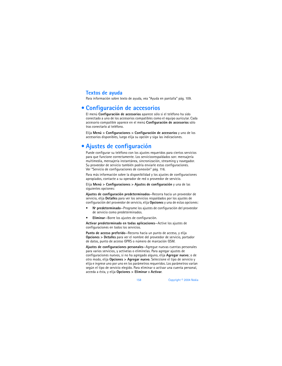 Configuración de accesorios, Ajustes de configuración, Textos de ayuda | Nokia 6170 User Manual | Page 159 / 209