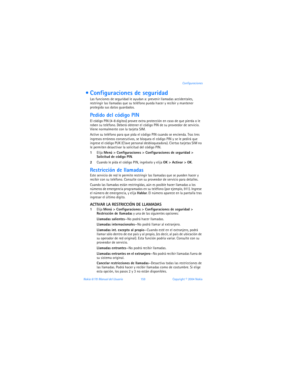 Configuraciones de seguridad, Pedido del código pin, Restricción de llamadas | Nokia 6170 User Manual | Page 160 / 209