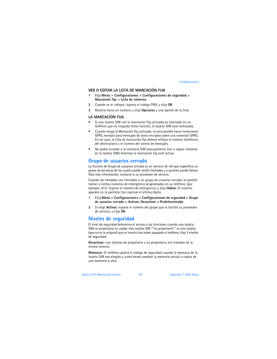 Grupo de usuarios cerrado” pág. 161, Grupo de usuarios cerrado, Niveles de seguridad | Nokia 6170 User Manual | Page 162 / 209