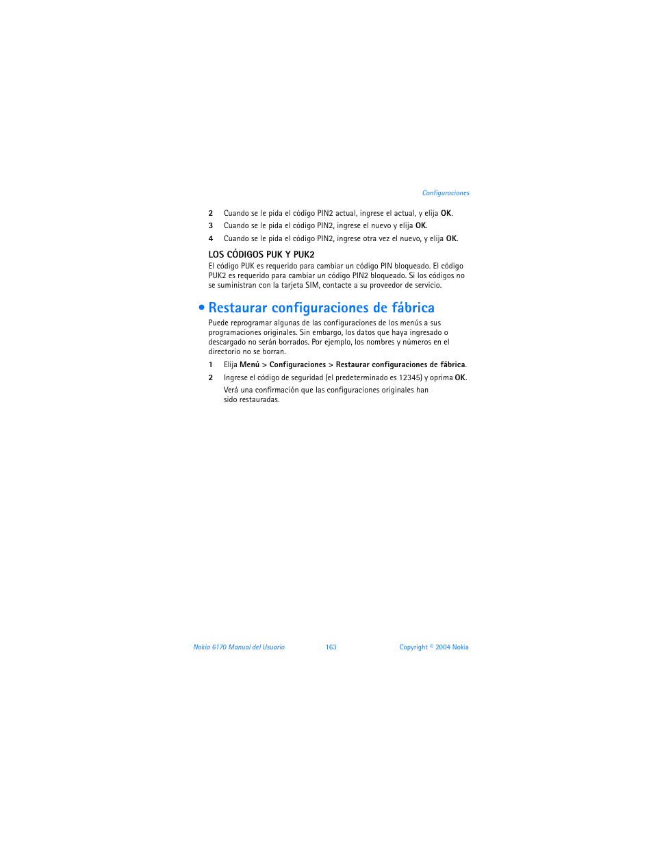 Restaurar configuraciones de fábrica | Nokia 6170 User Manual | Page 164 / 209