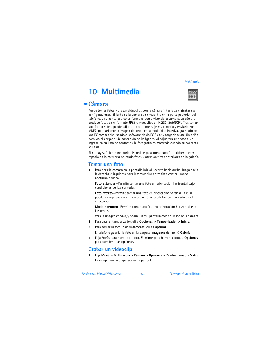 10 multimedia, Cámara, Multimedia | Tomar una foto, Grabar un videoclip | Nokia 6170 User Manual | Page 166 / 209