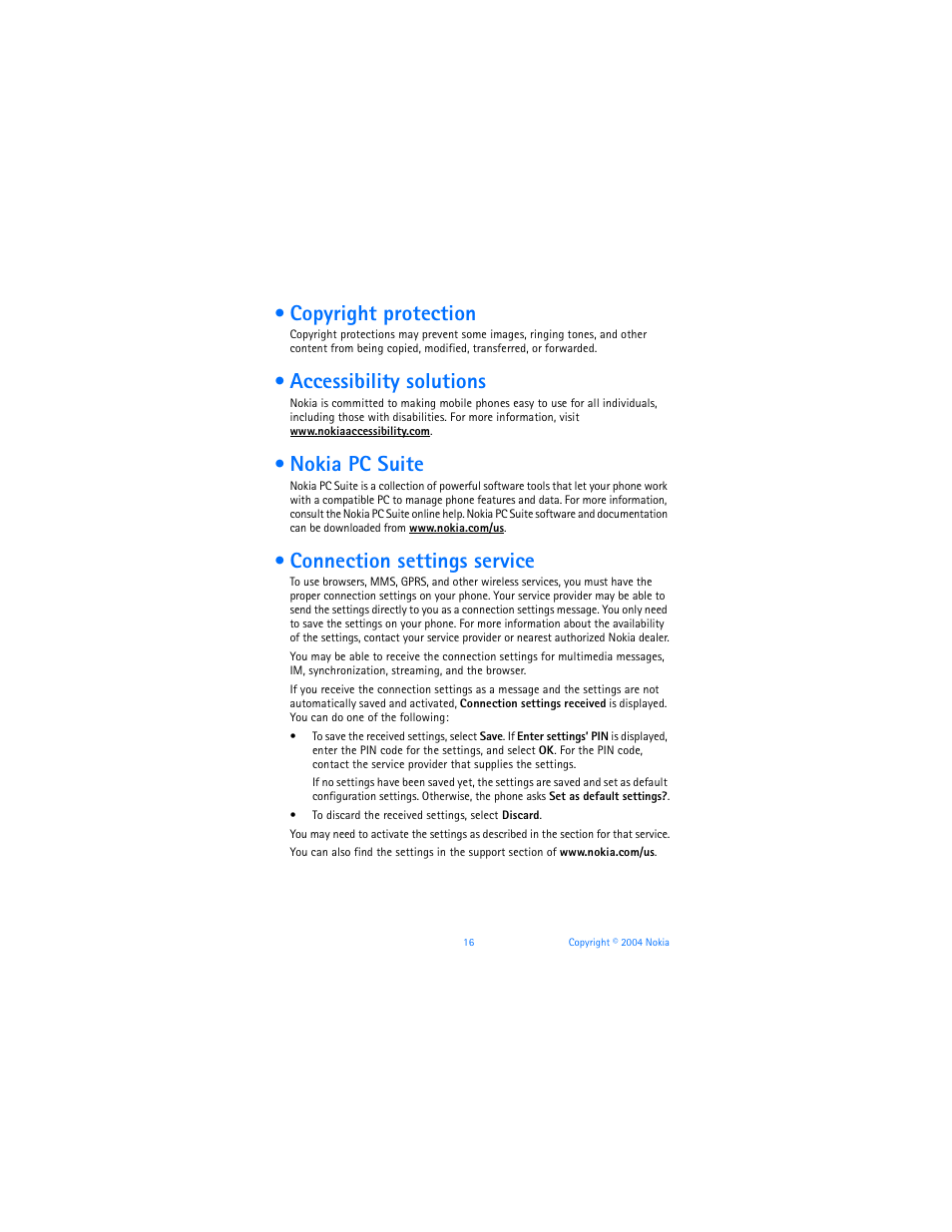 Copyright protection, Accessibility solutions, Nokia pc suite | Connection settings service | Nokia 6170 User Manual | Page 17 / 209
