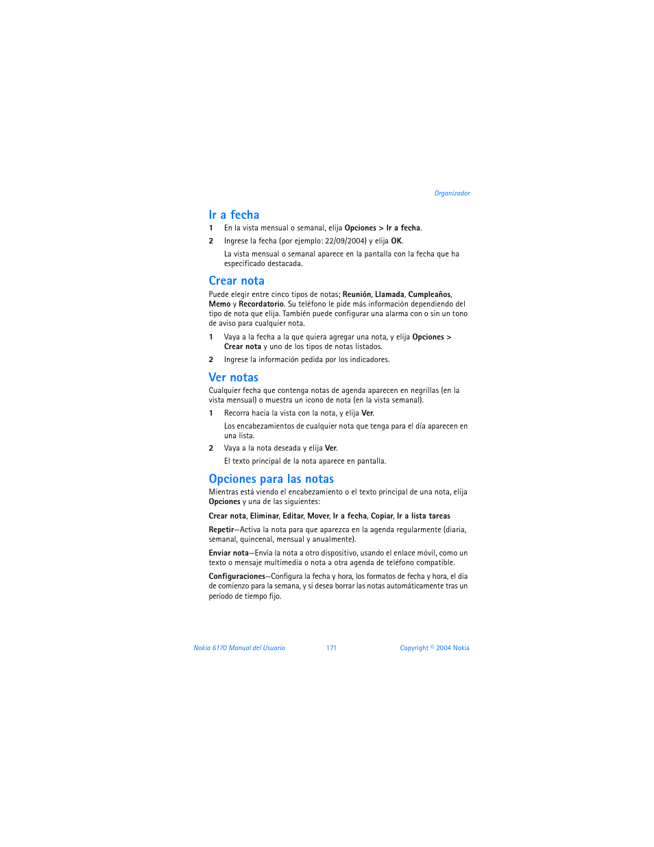 Ir a fecha, Crear nota, Ver notas | Opciones para las notas | Nokia 6170 User Manual | Page 172 / 209