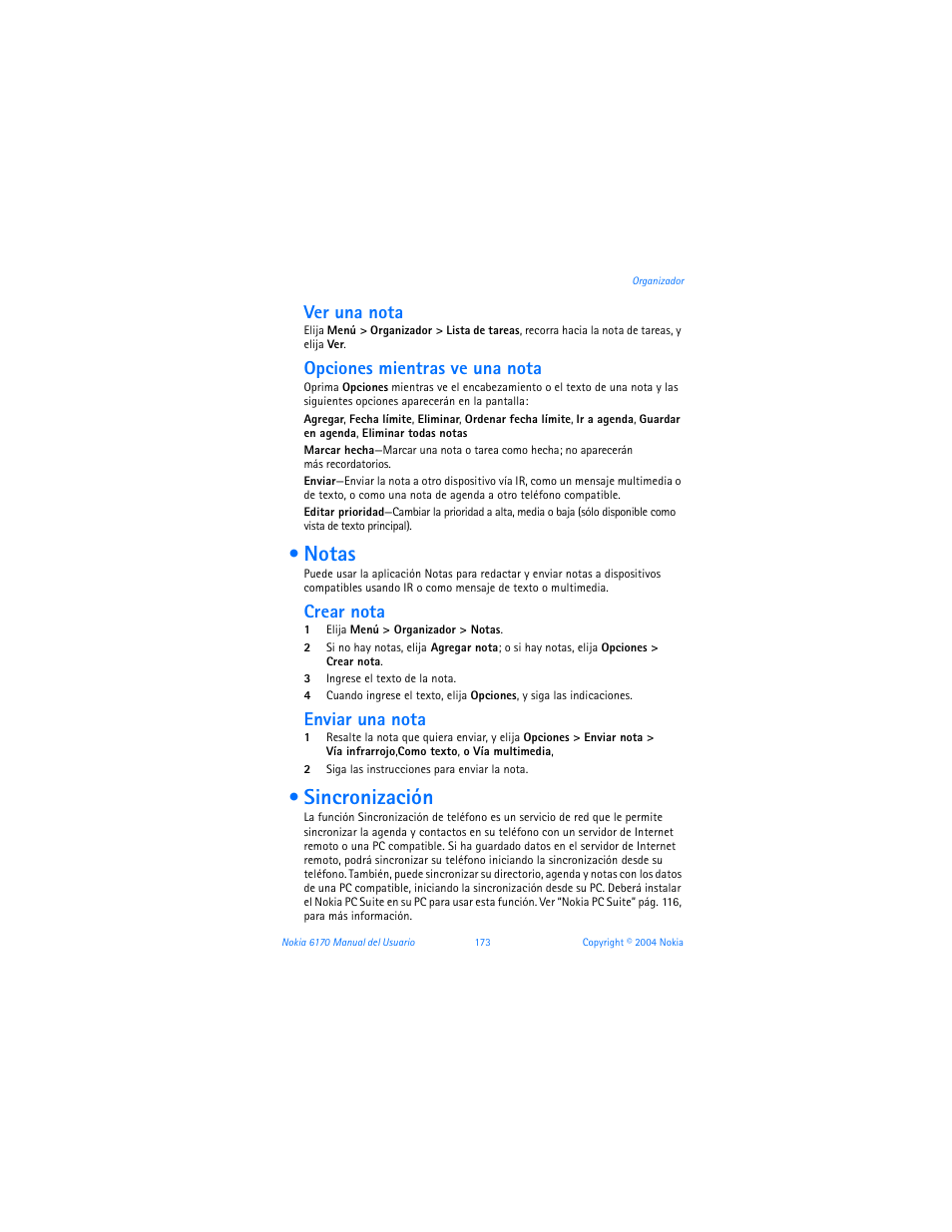 Notas, Sincronización, Notas sincronización | Ver una nota, Opciones mientras ve una nota, Crear nota, Enviar una nota | Nokia 6170 User Manual | Page 174 / 209