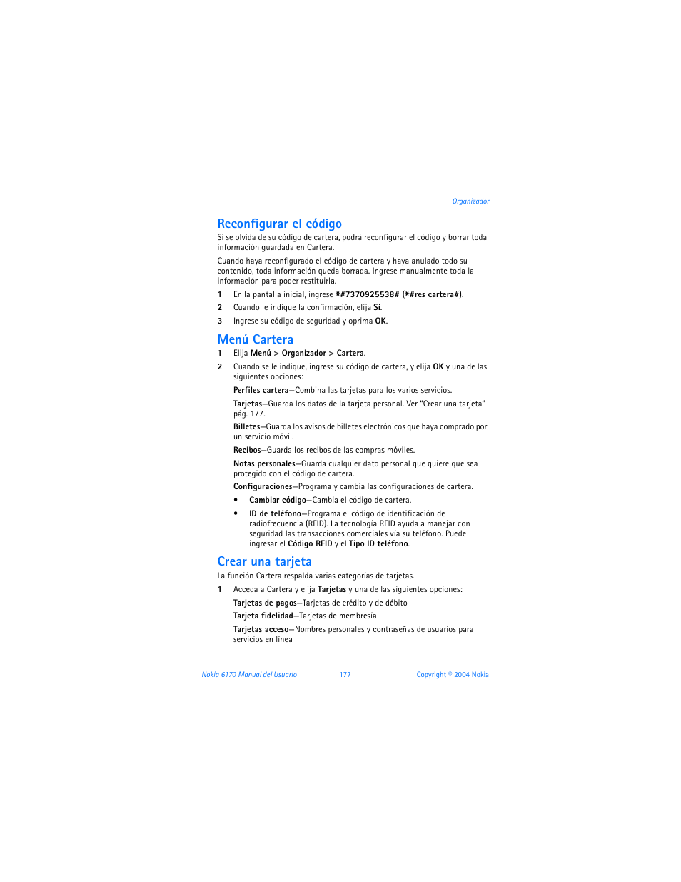 Reconfigurar el código, Menú cartera, Crear una tarjeta | Nokia 6170 User Manual | Page 178 / 209