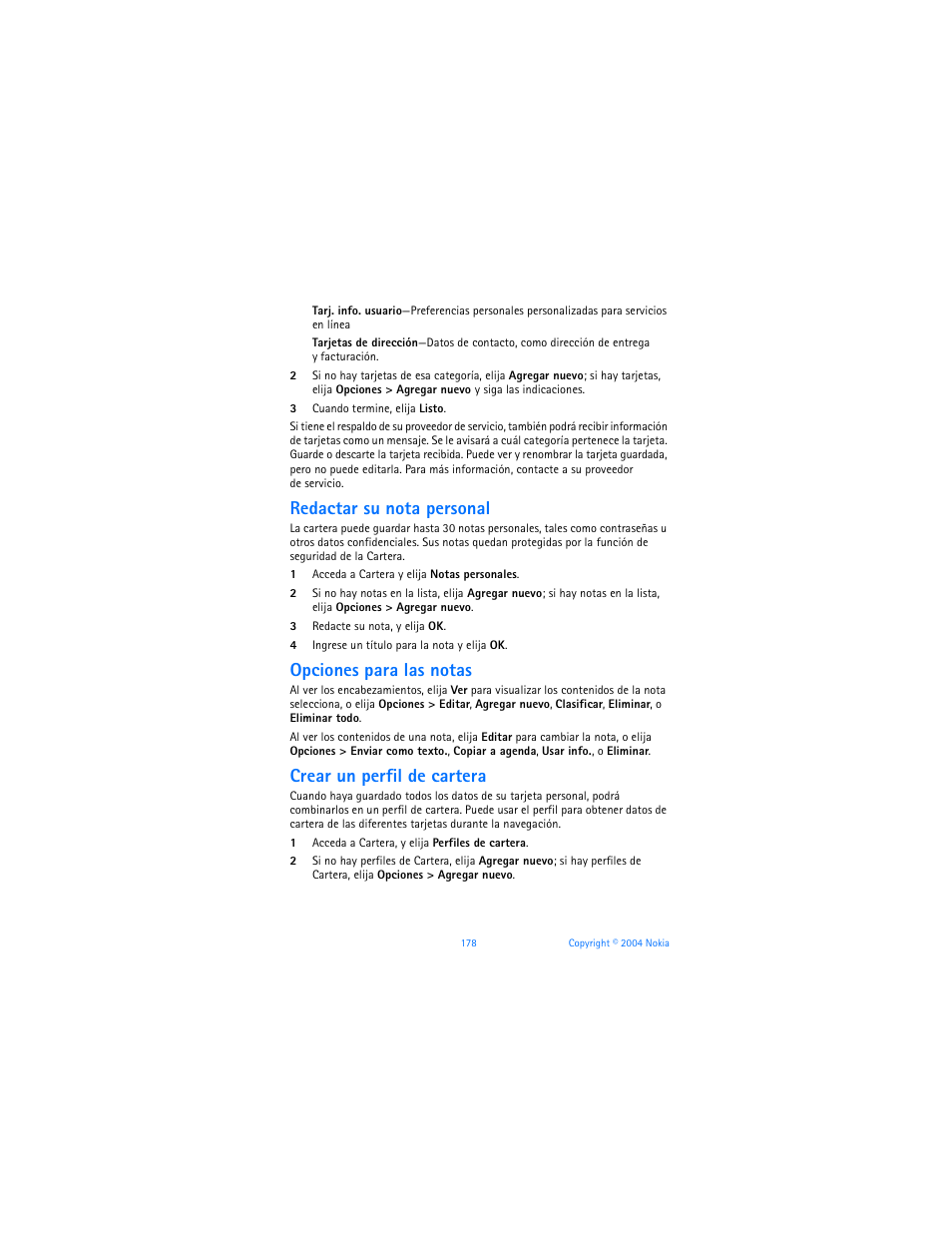 Redactar su nota personal, Opciones para las notas, Crear un perfil de cartera | Nokia 6170 User Manual | Page 179 / 209