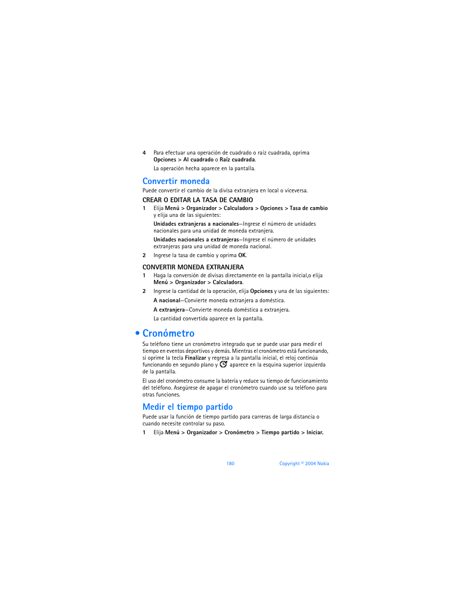 Cronómetro, R “cronómetro” pág. 180, Convertir moneda | Medir el tiempo partido | Nokia 6170 User Manual | Page 181 / 209