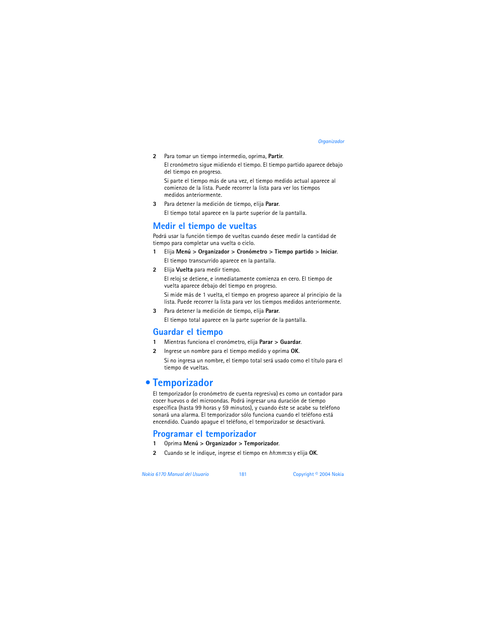 Temporizador, R “temporizador” pág. 181, Medir el tiempo de vueltas | Guardar el tiempo, Programar el temporizador | Nokia 6170 User Manual | Page 182 / 209
