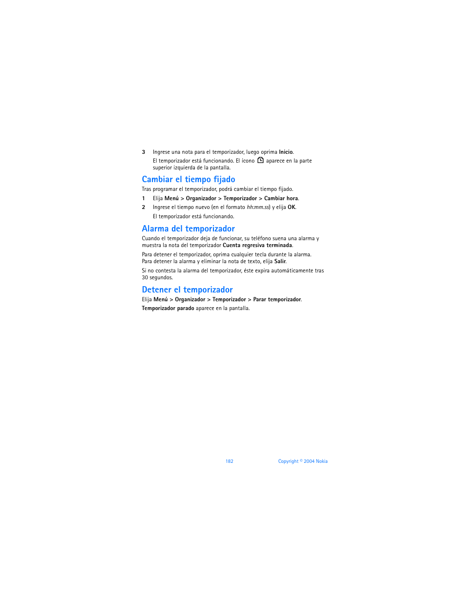 Cambiar el tiempo fijado, Alarma del temporizador, Detener el temporizador | Nokia 6170 User Manual | Page 183 / 209