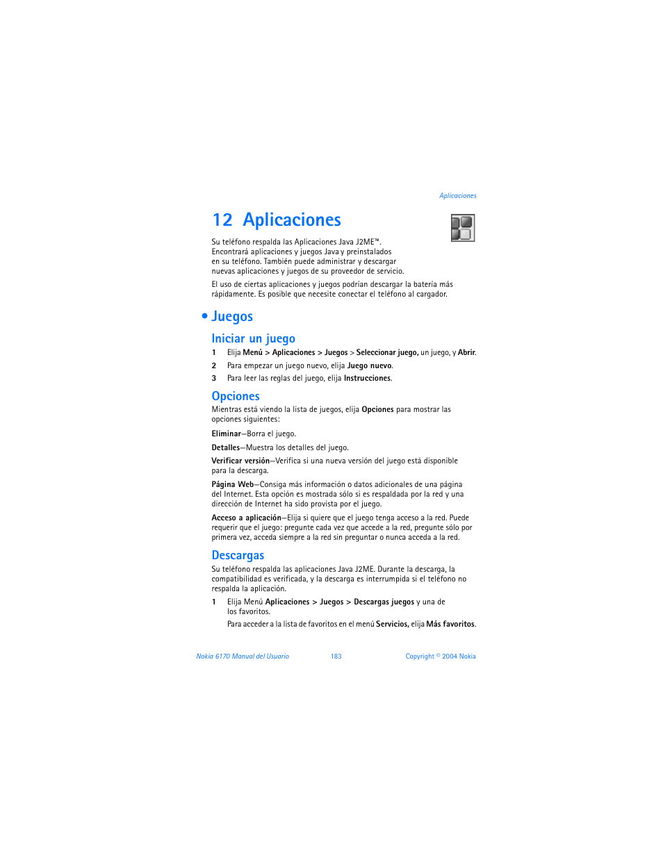 12 aplicaciones, Juegos, Aplicaciones | Iniciar un juego, Opciones, Descargas | Nokia 6170 User Manual | Page 184 / 209