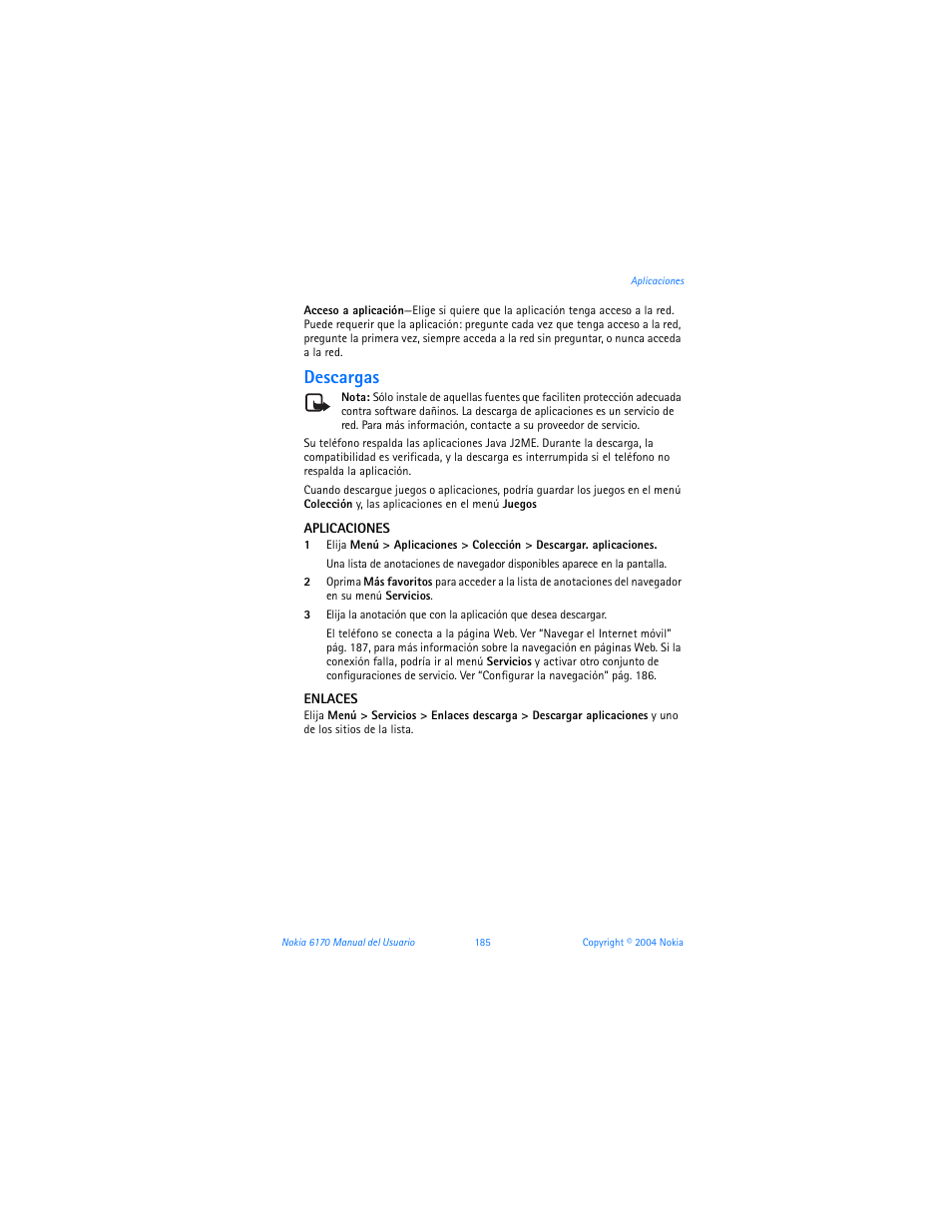 Descargas | Nokia 6170 User Manual | Page 186 / 209