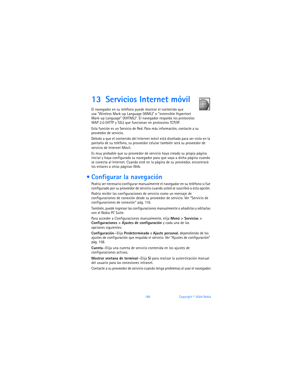 13 servicios internet móvil, Configurar la navegación, Servicios internet móvil | Nokia 6170 User Manual | Page 187 / 209