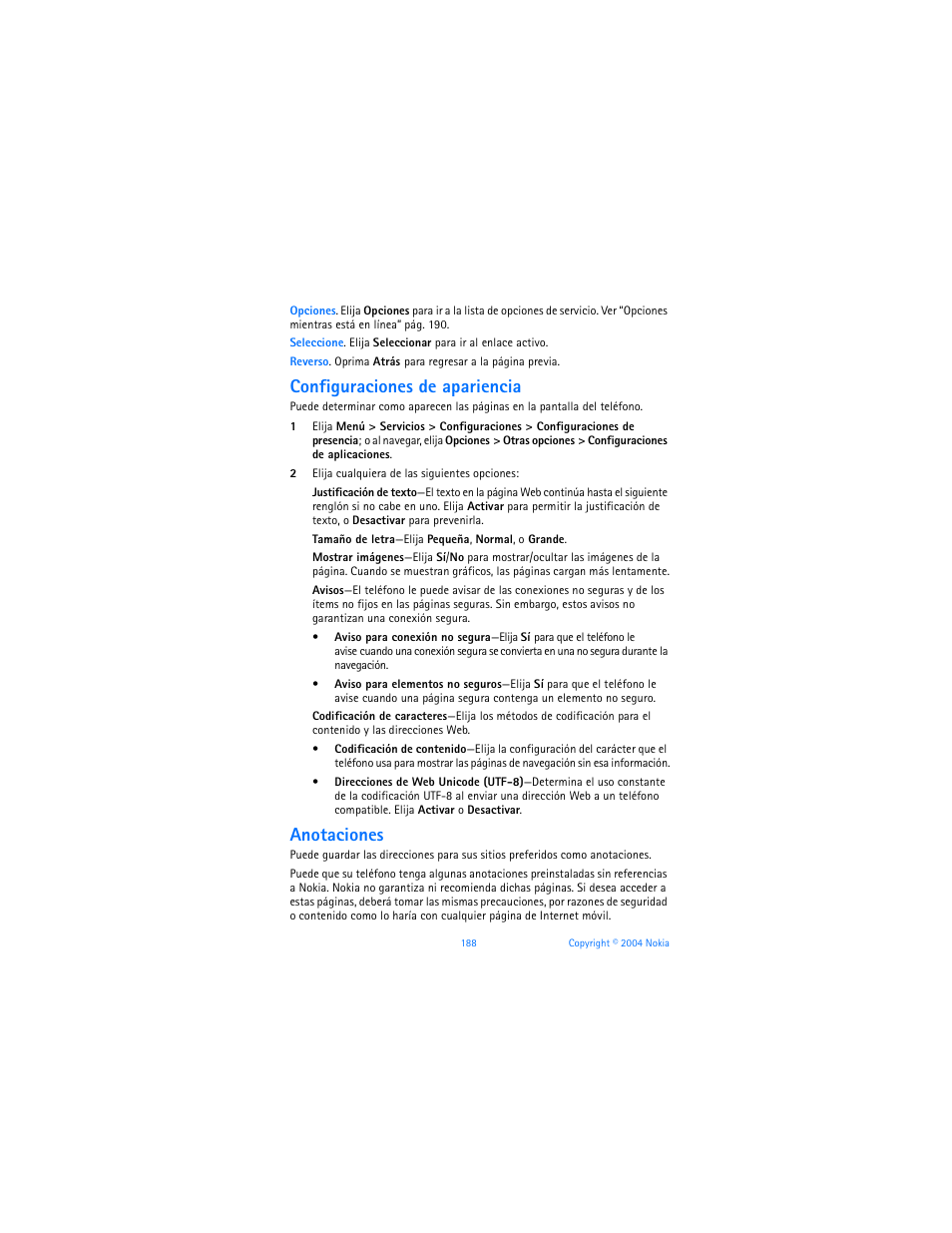 Configuraciones de apariencia, Anotaciones | Nokia 6170 User Manual | Page 189 / 209