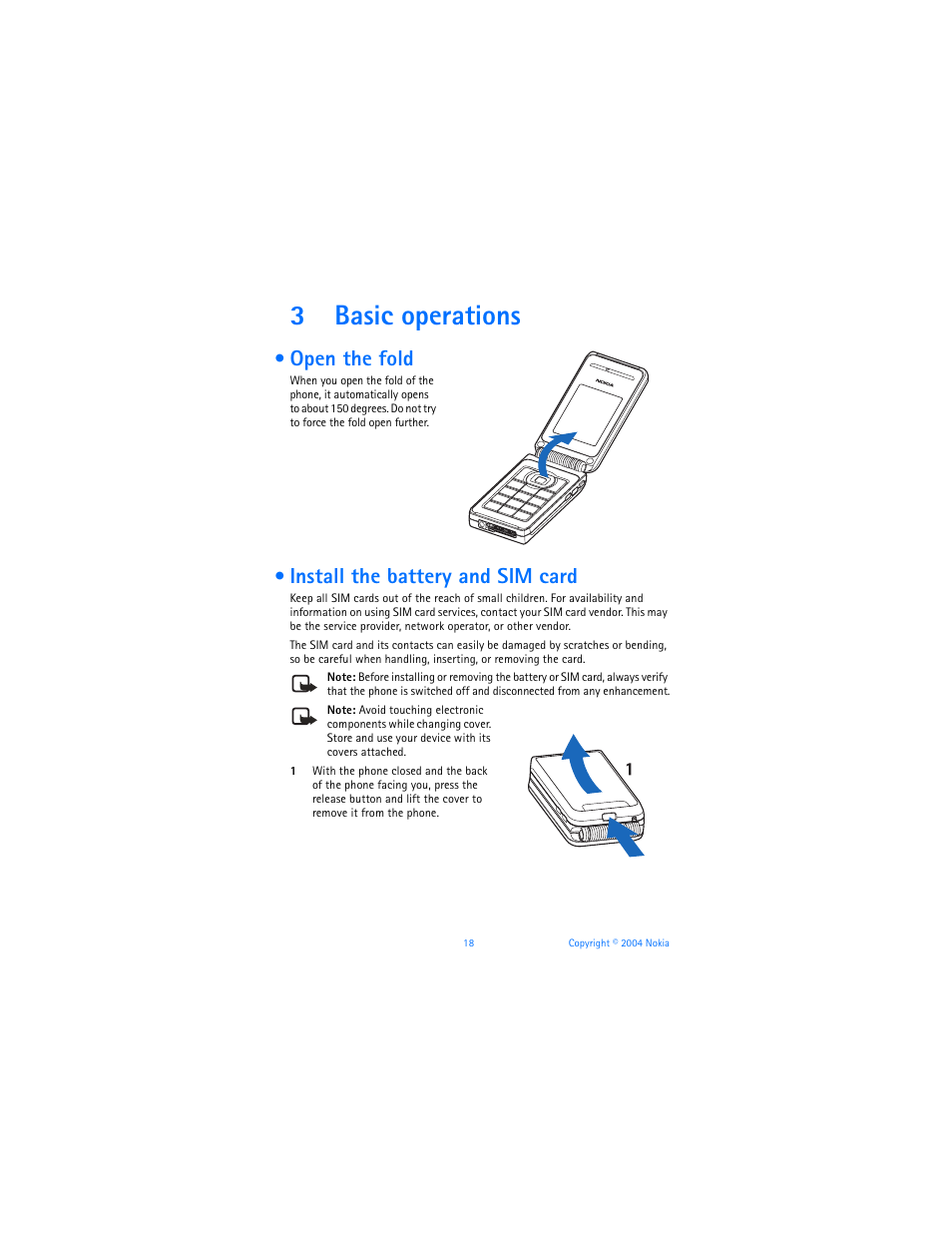 3 basic operations, Open the fold, Install the battery and sim card | Basic operations, Open the fold install the battery and sim card, 3basic operations | Nokia 6170 User Manual | Page 19 / 209