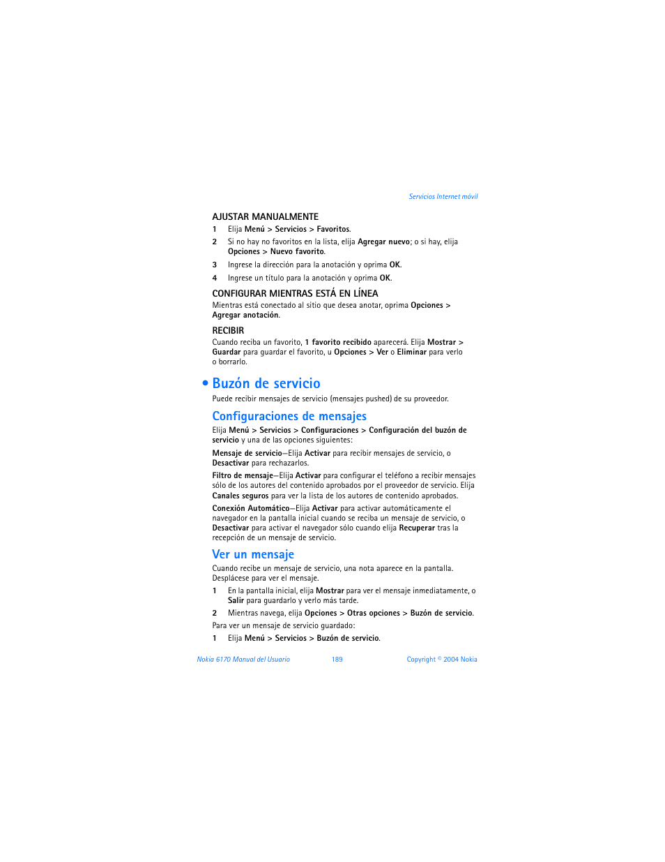 Buzón de servicio, Configuraciones de mensajes, Ver un mensaje | Nokia 6170 User Manual | Page 190 / 209