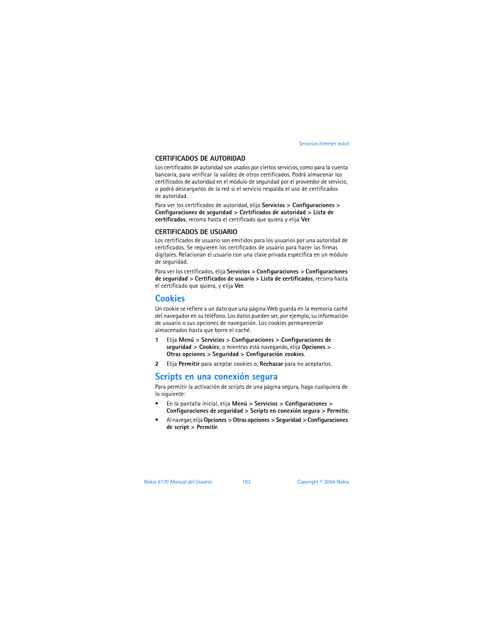 Cookies, Scripts en una conexión segura | Nokia 6170 User Manual | Page 194 / 209