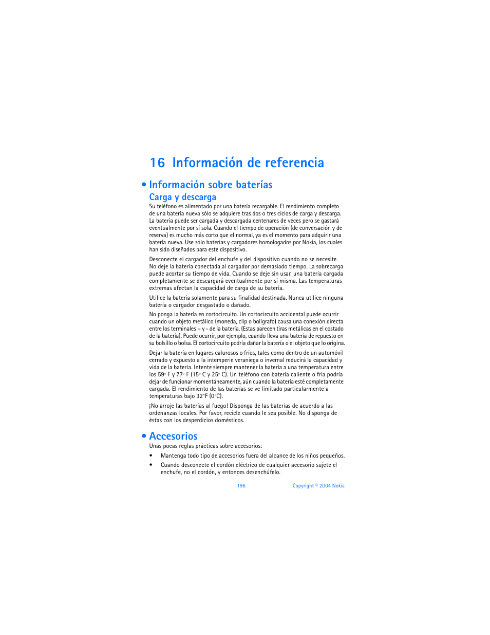 16 información de referencia, Información sobre baterías, Accesorios | Información de referencia, Información sobre baterías accesorios, Carga y descarga | Nokia 6170 User Manual | Page 197 / 209