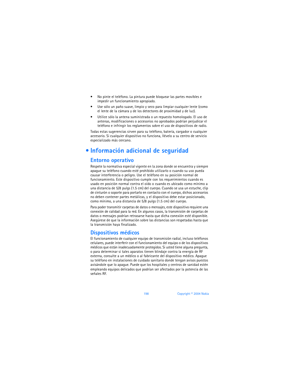 Información adicional de seguridad, Entorno operativo, Dispositivos médicos | Nokia 6170 User Manual | Page 199 / 209