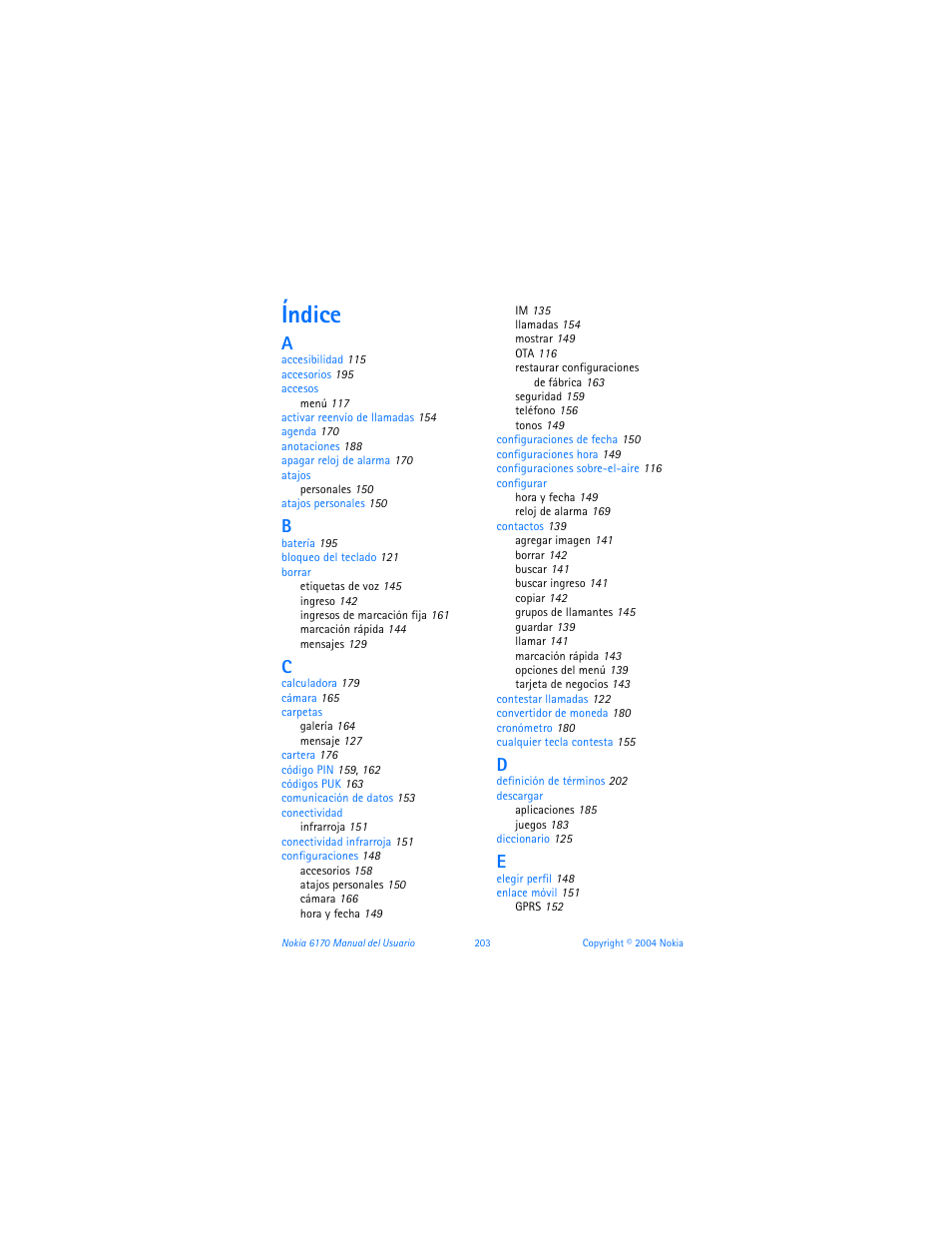 Índice | Nokia 6170 User Manual | Page 204 / 209