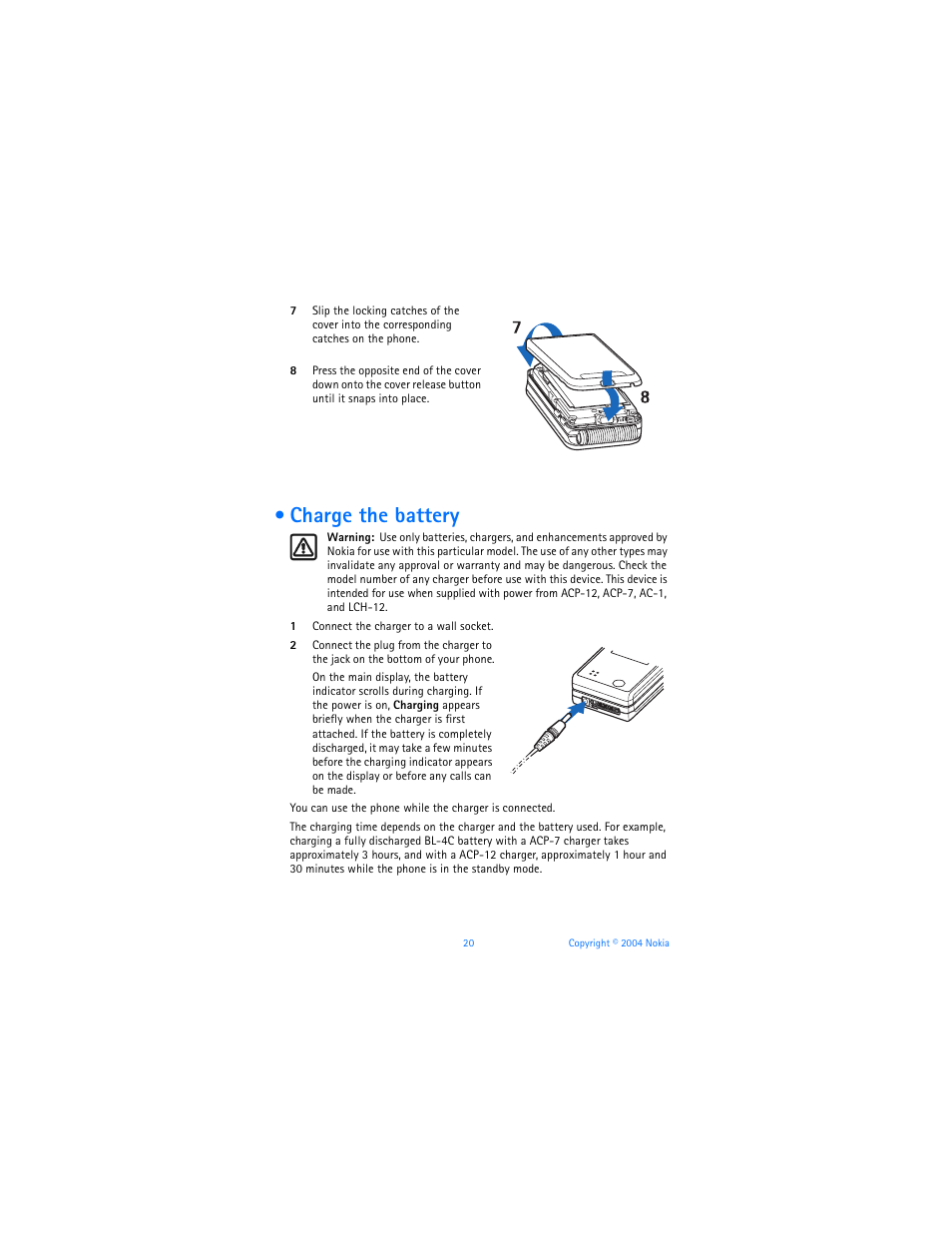 Charge the battery | Nokia 6170 User Manual | Page 21 / 209