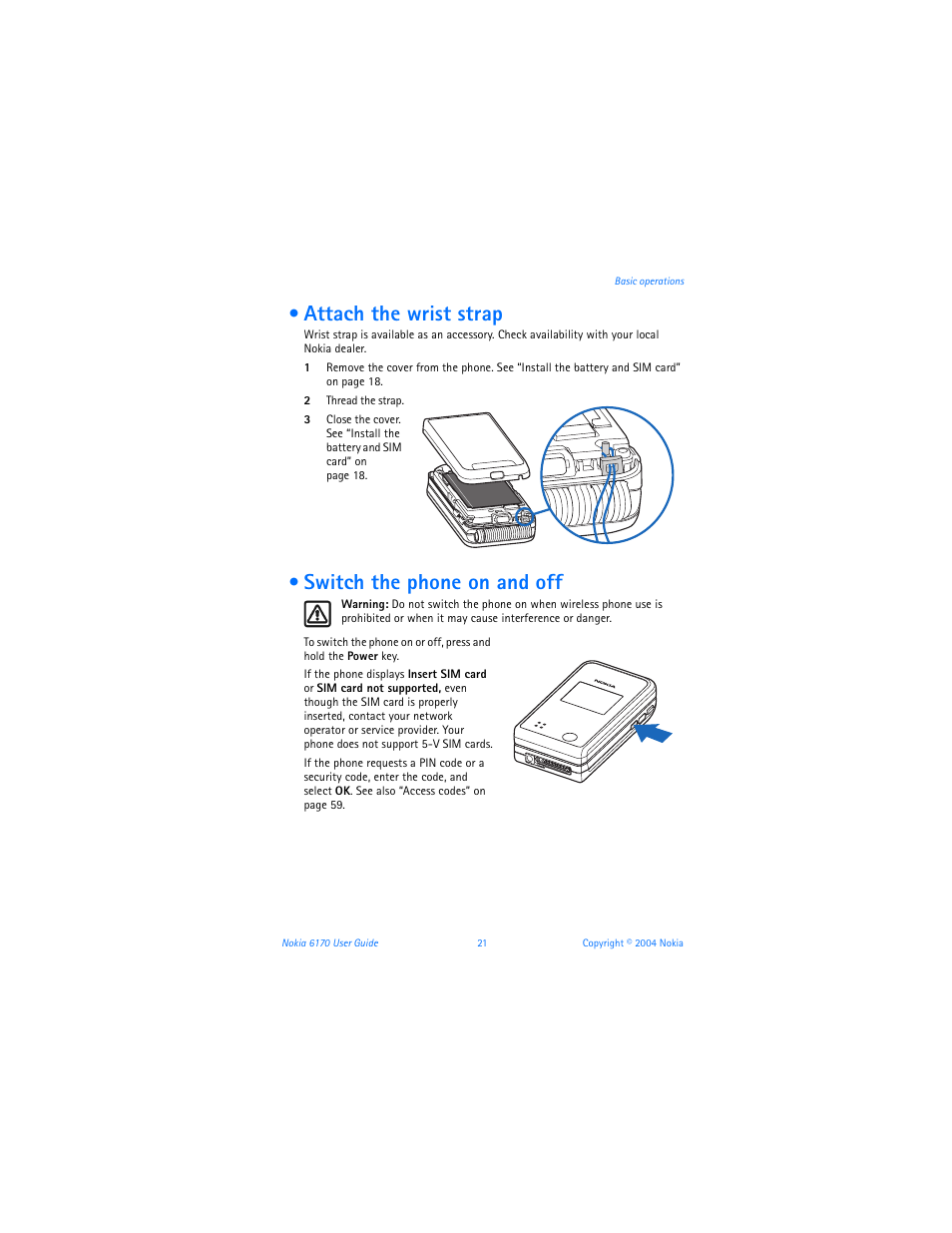 Attach the wrist strap, Switch the phone on and off, Attach the wrist strap switch the phone on and off | Nokia 6170 User Manual | Page 22 / 209