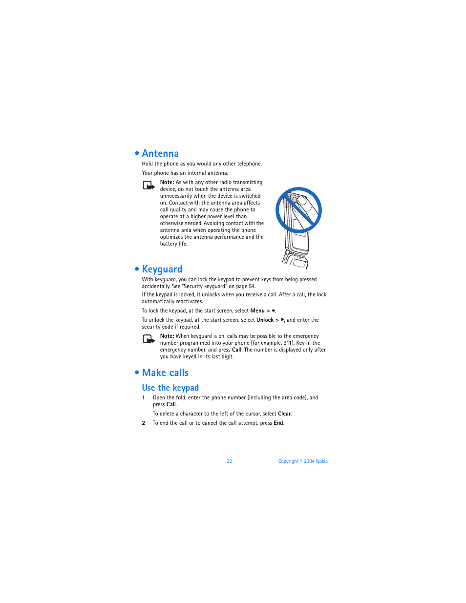 Antenna, Keyguard, Make calls | Antenna keyguard make calls, Use the keypad | Nokia 6170 User Manual | Page 23 / 209