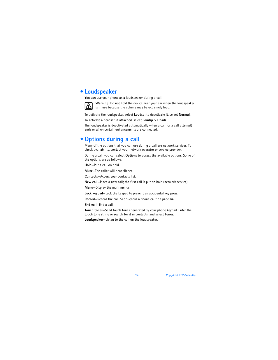 Loudspeaker, Options during a call, Loudspeaker options during a call | Nokia 6170 User Manual | Page 25 / 209