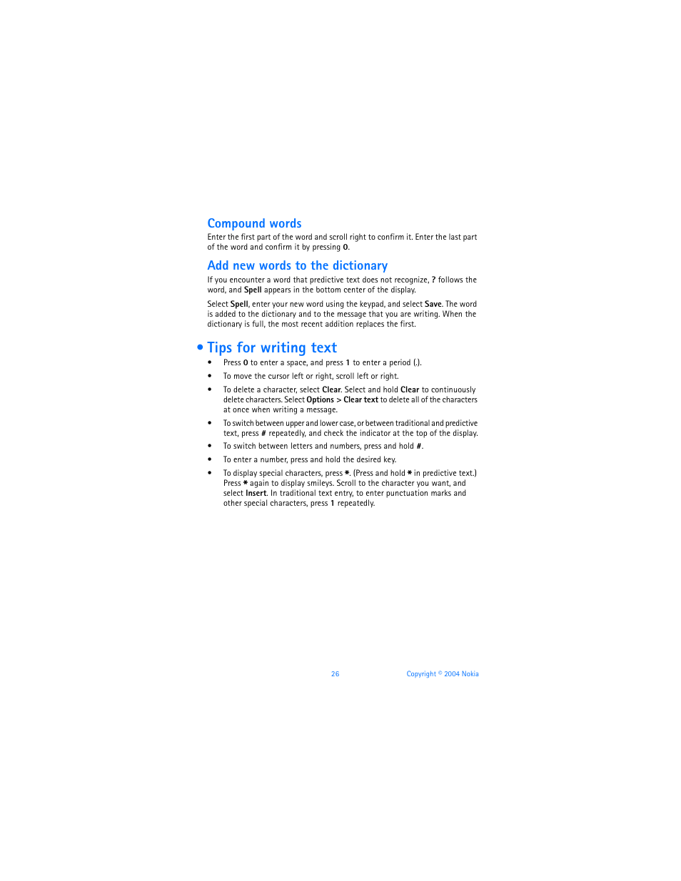 Tips for writing text, Compound words, Add new words to the dictionary | Nokia 6170 User Manual | Page 27 / 209