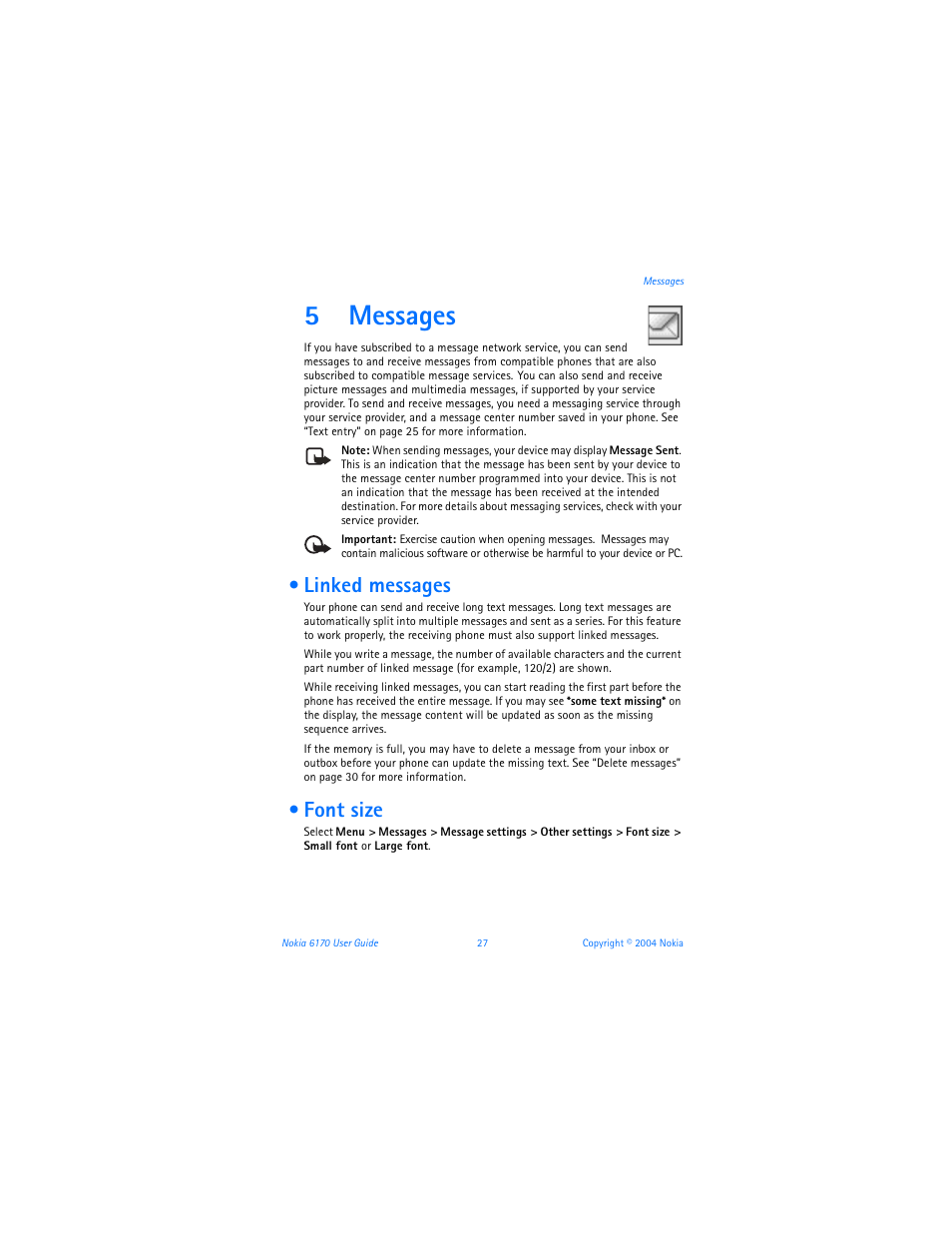 5 messages, Linked messages, Font size | Messages, Linked messages font size, 5messages | Nokia 6170 User Manual | Page 28 / 209