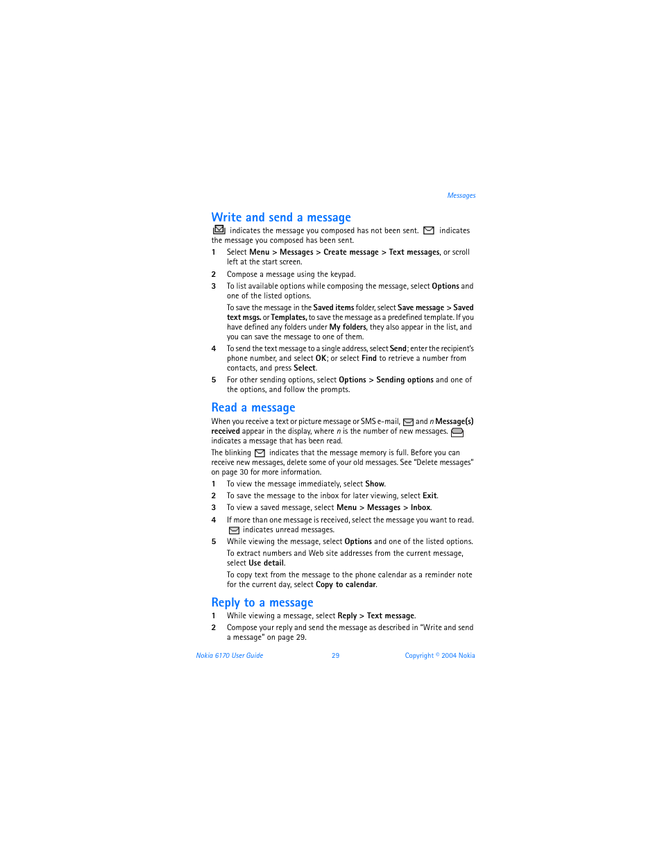Write and send a message, Read a message, Reply to a message | Nokia 6170 User Manual | Page 30 / 209