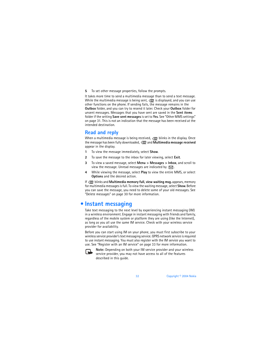 Instant messaging, Read and reply | Nokia 6170 User Manual | Page 33 / 209