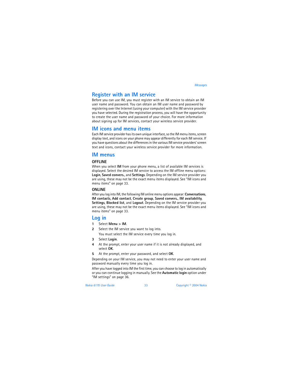 Register with an im service, Im icons and menu items, Im menus | Log in | Nokia 6170 User Manual | Page 34 / 209