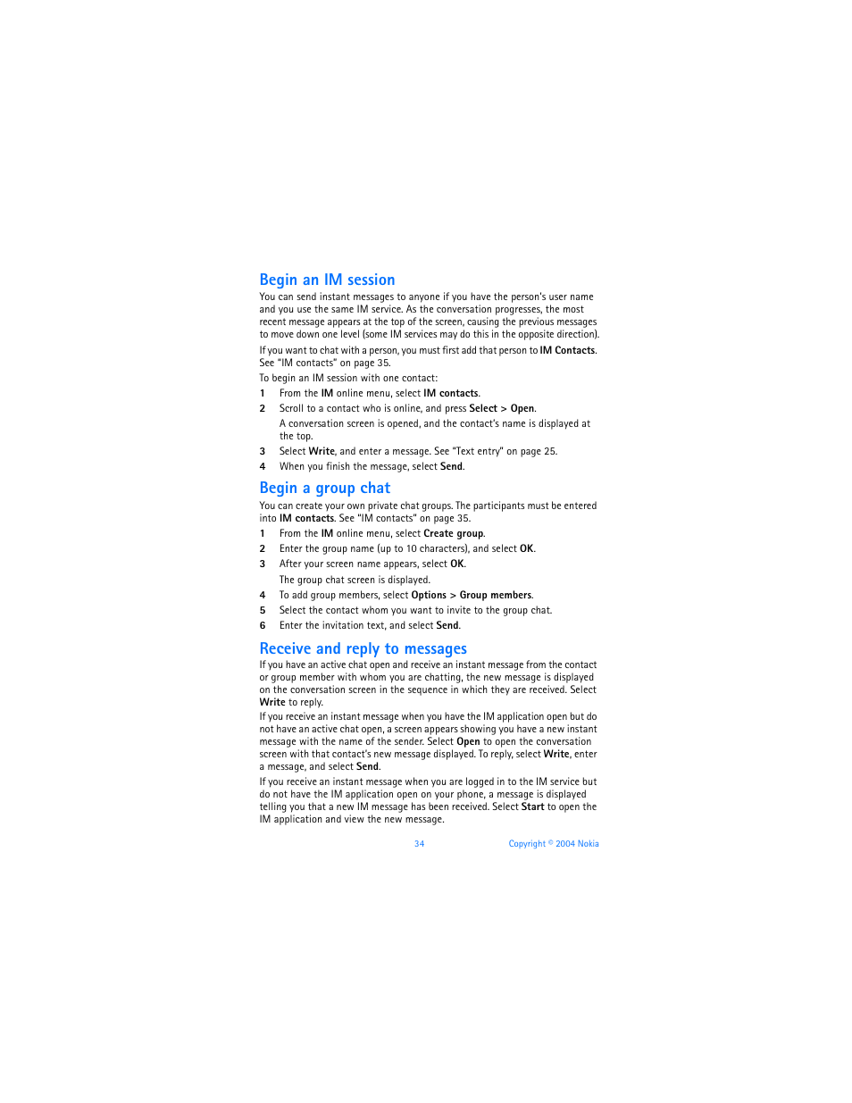 Begin an im session, Begin a group chat, Receive and reply to messages | Nokia 6170 User Manual | Page 35 / 209