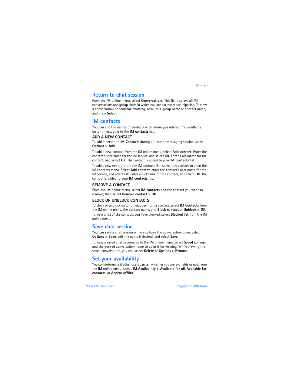 Return to chat session, Im contacts, Save chat session | Set your availability | Nokia 6170 User Manual | Page 36 / 209