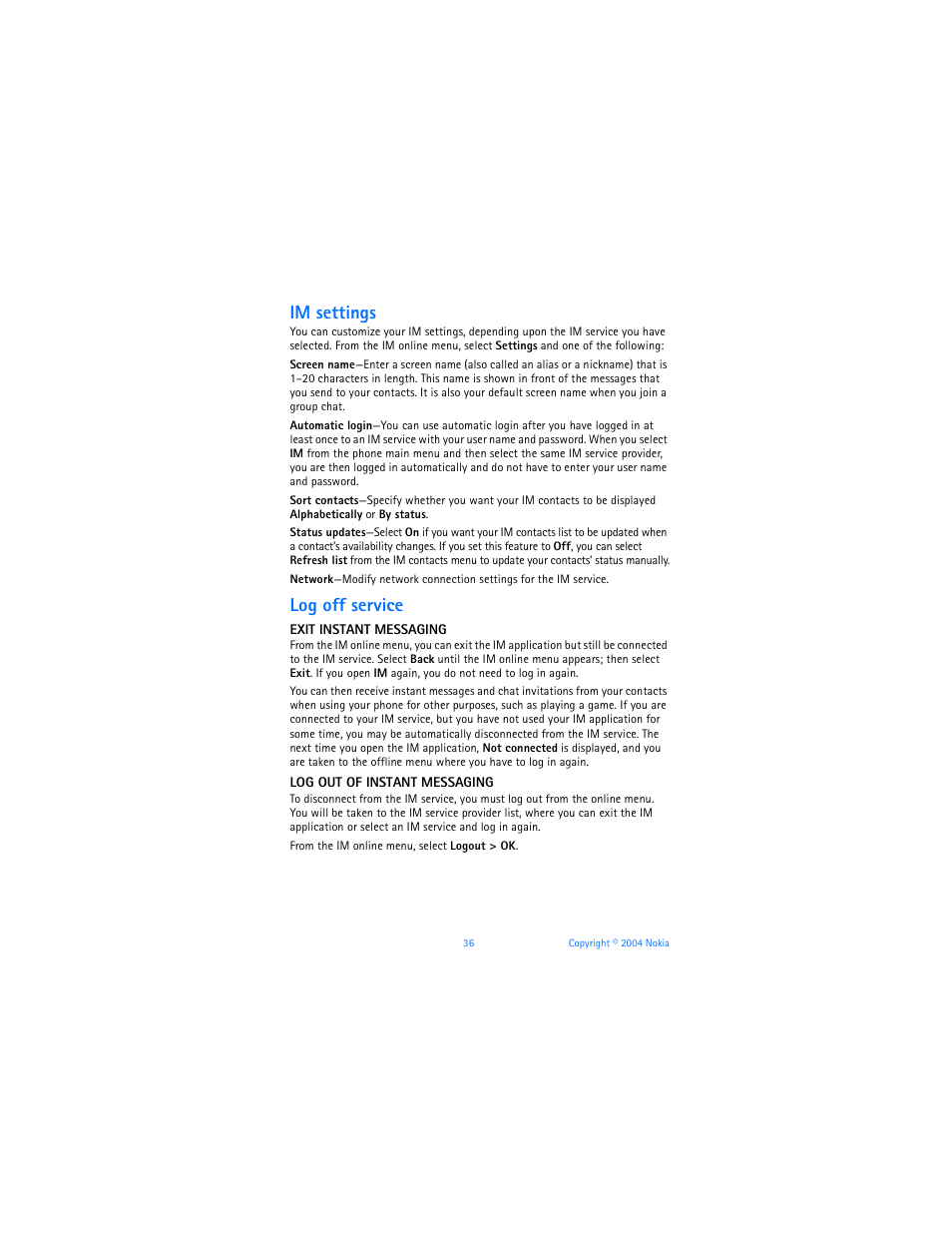 Im settings, Log off service | Nokia 6170 User Manual | Page 37 / 209