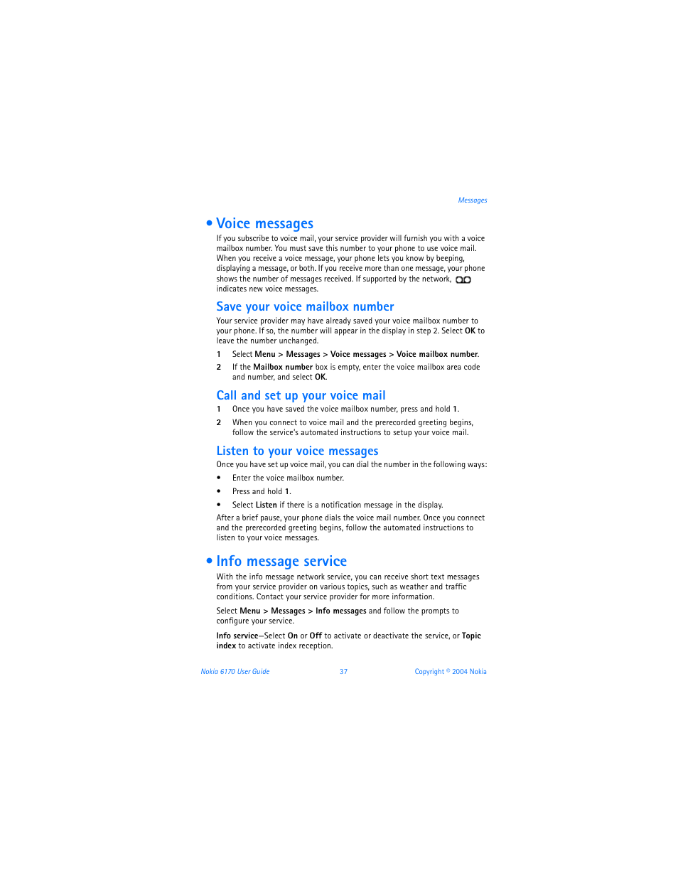 Voice messages, Info message service, Voice messages info message service | Save your voice mailbox number, Call and set up your voice mail, Listen to your voice messages | Nokia 6170 User Manual | Page 38 / 209
