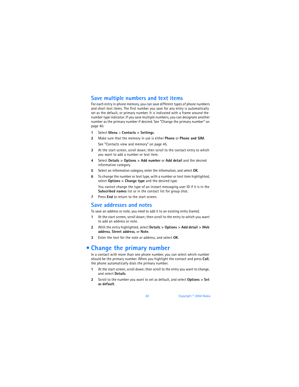 Change the primary number, Save multiple numbers and text items | Nokia 6170 User Manual | Page 41 / 209